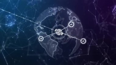 Siyah arkaplanda dünya üzerindeki simgelerle bağlantı ağının animasyonu. Küresel teknoloji, hesaplama, bağlantılar ve dijital arayüz konsepti dijital olarak oluşturulmuş video.