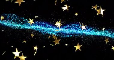 Altın yıldızlar ve mavi parçacıklar siyah arkaplanda hareket ediyorlar. Soyut, parıltılı, hareketli, canlı