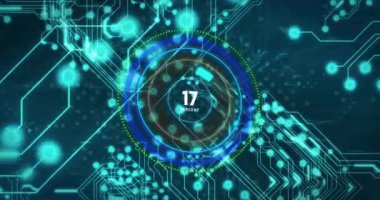 Siyah zemin üzerinde hız göstergesi numaralarının ve veri işleme sisteminin animasyonu. Dijital olarak oluşturulmuş küresel bağlantılar, hesaplama ve veri işleme kavramı.