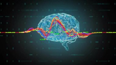 Karanlık arka planda beynin üzerinde dijital veri işleme animasyonu. Dijital olarak oluşturulmuş küresel bağlantılar, hesaplama ve veri işleme kavramı.