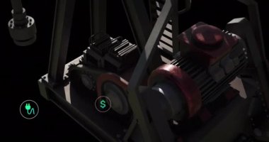 Petrol platformunun üzerinde ekolojik simgelerin ve veri işlemlerinin animasyonu. Küresel petrol endüstrisi, finans, iş dünyası, bağlantılar, bilgisayar ve veri işleme kavramı dijital olarak oluşturulmuş video.