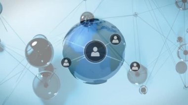 Mavi arkaplandaki dünya üzerindeki simgelerle bağlantı ağının animasyonu. Dijital olarak oluşturulmuş küresel bağlantılar, bilgisayar ve dijital arayüz kavramı.