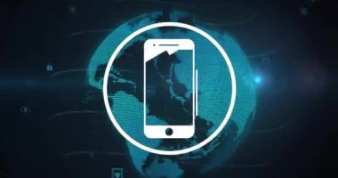 Akıllı telefon simgesinin animasyonu ve kara arkaplanda dünya üzerinde veri işleme. Dijital olarak oluşturulmuş küresel bağlantılar, hesaplama ve veri işleme kavramı.