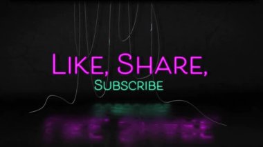 Siyah arkaplandaki neon desen yerine neon desenli, paylaşımlı, subsribe metnin animasyonu. Küresel çevrimiçi iletişim, dijital arayüz, hesaplama ve veri işleme kavramı dijital olarak oluşturuldu.