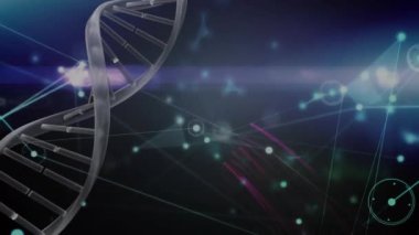 Siyah arkaplanda DNA iplikçikleri üzerinde insanlarla olan bağlantı ağının animasyonu. Dijital olarak oluşturulmuş küresel bağlantılar, hesaplama ve veri işleme kavramı.