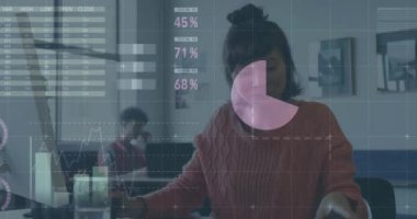 Kafkasyalı iş kadınıyla ilgili finansal veri işleme animasyonu. Küresel finans, iş, bağlantılar, hesaplama ve veri işleme kavramı dijital olarak oluşturulmuş video.