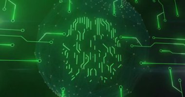 Biyometrik beynin animasyonu, devre kartından dijital veri işleme. Küresel yapay zeka, siber güvenlik, bağlantılar, hesaplama ve veri işleme kavramı dijital olarak oluşturulmuş video.