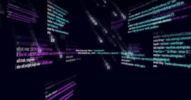 Siyah arkaplanda veri işleme animasyonu. Küresel teknoloji, hesaplama, bağlantılar ve dijital arayüz konsepti dijital olarak oluşturulmuş video.