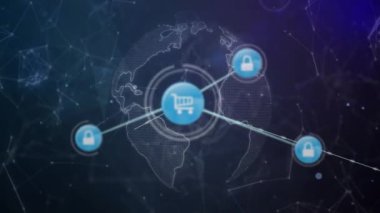 Karanlık arka planda dünya üzerindeki tramvay simgeleriyle bağlantı ağının animasyonu. Dijital olarak oluşturulmuş küresel bağlantılar, hesaplama ve veri işleme kavramı.