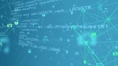 Geometrik şekillerle mavi arkaplan üzerinden programlama kodu ve ağ bağlantıları canlandırılıyor. Teknoloji, kodlama, yazılım, animasyon, dijital, soyut