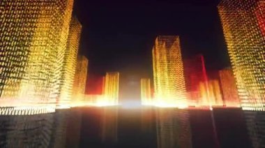 Siyah arka planda dijital şehrin animasyonu. Şekiller, renkler ve arka plan konsepti dijital olarak oluşturulmuş video.