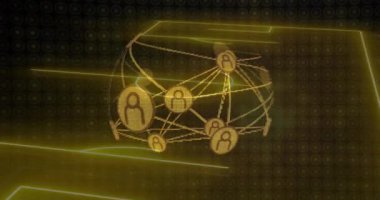 Siyah arka planda neon stadyumdaki bağlantıların küreselleşmesi. Küresel teknoloji, bağlantılar, hesaplama ve dijital arayüz kavramı dijital olarak oluşturulmuş video.