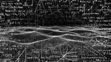 Matematiksel denklemler üzerinde veri işleme ile dalgaların animasyonu. Küresel bilim, eğitim ve dijital arayüz kavramı dijital olarak oluşturulmuş video.