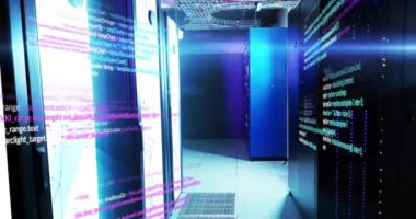 Bilgisayar sunucuları üzerinde dijital veri işleme animasyonu. Dijital olarak oluşturulmuş küresel bağlantılar, hesaplama ve veri işleme kavramı.