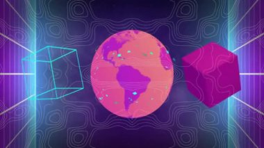 Siyah arkaplan üzerinde şekillerin ve kürenin animasyonu. Desen, teknoloji ve dijital arayüz kavramı dijital olarak oluşturulmuş video.