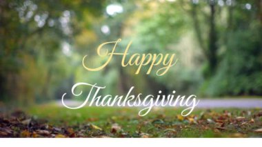 Sonbahar yaprakları ve park üzerindeki Şükran Günü mesajlarının animasyonu. Amerikan geleneği, şenlik, kutlama ve gelenek konsepti dijital olarak oluşturulmuş video.