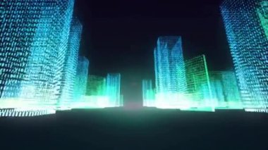 Siyah arka planda dijital şehrin animasyonu. Şekiller, renkler ve arka plan konsepti dijital olarak oluşturulmuş video.