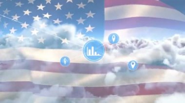 ABD bayrağı üzerinde grafik simgeleriyle bağlantı ağının animasyonu. Dijital olarak oluşturulmuş küresel bağlantılar, hesaplama ve veri işleme kavramı.