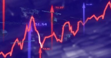 Mor arkaplandaki oklarla finansal veri işleme animasyonu. Küresel finans, iş, bağlantılar, hesaplama ve veri işleme kavramı dijital olarak oluşturulmuş video.