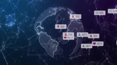 Dünya çapında sosyal medya metinleri ve simgelerle bağlantı ağının animasyonu. Dijital olarak oluşturulmuş küresel sosyal medya, bağlantılar, hesaplama ve veri işleme kavramı.