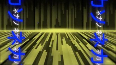 Siyah arkaplanda neon Japon yazıları üzerinde ışık izlerinin animasyonu. Küresel video oyunu, dijital arayüz, iletişim, bilgisayar ve veri işleme kavramı dijital olarak oluşturuldu.