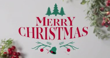 Noel süslemeleriyle ilgili mutlu noel mesajlarının animasyonu. Noel, şenlik, kutlama ve gelenek konsepti dijital olarak oluşturuldu.