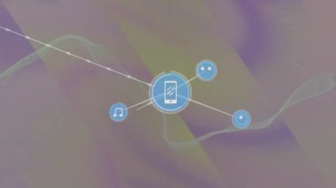 Siyah arkaplanda hareket eden şekillerin üzerindeki simgelerle bağlantı ağının animasyonu. Dijital olarak oluşturulmuş küresel bağlantılar, bilgisayar ve dijital arayüz kavramı.