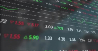 Animation of financial data processing on black background. Global finances, computing and digital interface concept digitally generated video.