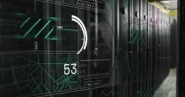 Bilgisayar sunucuları üzerinde dijital veri işleme animasyonu. Dijital olarak oluşturulmuş küresel bağlantılar, hesaplama ve veri işleme kavramı.