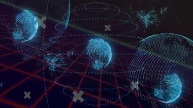 Dünya üzerinde bağlantı ve dijital veri işleme animasyonları. Dijital olarak oluşturulmuş küresel bağlantılar, hesaplama ve veri işleme kavramı.