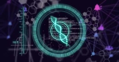 DNA iplikçikleriyle bilimsel veri işleme animasyonu. Küresel bilim, bağlantılar, hesaplama ve veri işleme kavramı dijital olarak oluşturulmuş video.