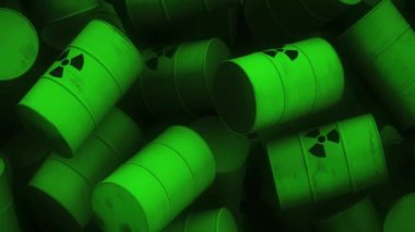 Mor arka planda nükleer işaretli varillerin canlandırılması. Şekiller, renkler, arkaplanlar ve dijital arayüz konsepti dijital olarak oluşturulmuş video.