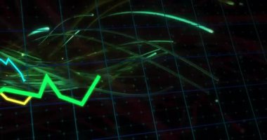 Izgara ile soyut koyu arkaplan üzerinde yeşil dalgalanan çizgi grafik animasyonu. teknoloji, veri, dijital, finans
