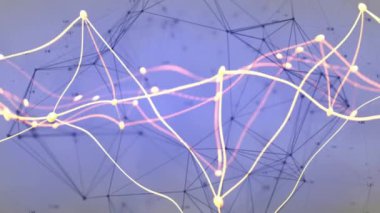 Mor arkaplan üzerindeki bağlantı ağının animasyonu. Dijital olarak oluşturulmuş küresel bağlantılar, hesaplama ve veri işleme kavramı.
