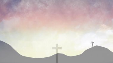 Hristiyanlığın animasyonu, bulutların arka planında yer alan manzaranın üzerinden geçer. Paskalya, gelenek, din ve inanç konsepti dijital olarak oluşturulmuş video.