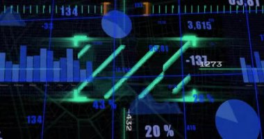 Finansal veri işleme animasyonu, karanlık arkaplan üzerinde yüzdeler ve grafiklerle. Finans, teknoloji, analitik, ekonomi
