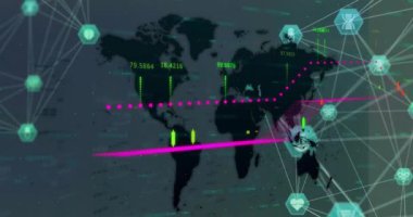Dünya haritasında bağlantıları ve dijital veri işlemesi olan tıbbi ikonun animasyonu. Dijital olarak oluşturulmuş küresel bağlantılar, hesaplama ve veri işleme kavramı.