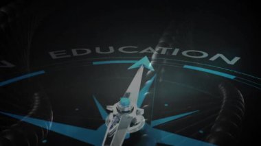 Pusula iğnesi koyu arkaplan üzerinde Eğitim metni animasyonunu gösteriyor. Yönetmen, rehberlik, okur yazarlık, öğrenme, konsept, navigasyon