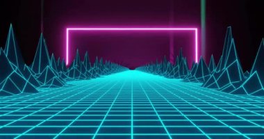 Kablo dağları ile neon ızgara manzarasının geçmişe dönük-gelecek animasyonu.