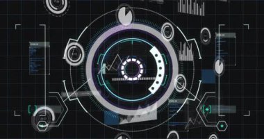 Dairesel elementler ve veri görselleştirme animasyonu ile geleceksel HUD arayüzü. Teknoloji, siber, dijital