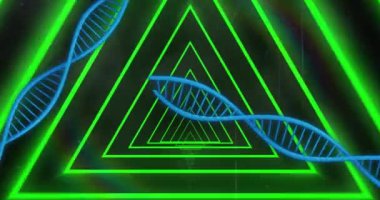DNA iplikçikleri siyah arkaplanda neon yeşil üçgen şekiller üzerine animasyon yapar. Bilim, moleküler, biyoteknoloji, genetik, genom, biyoloji