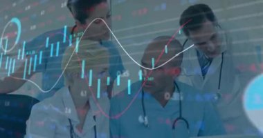 Finansal verileri ve borsa animasyonları olan bir grup tıp uzmanı. İş, takım çalışması, sağlık, finans, işbirliği, analiz