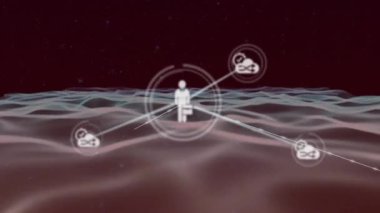 Siyah arkaplandaki dijital dalgaların üzerindeki simgelerle bağlantı ağının animasyonu. Dijital olarak oluşturulmuş küresel bağlantılar, bilgisayar ve dijital arayüz kavramı.