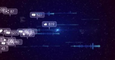 Siyah arkaplanda ışık izlerinin üzerinde numaralar olan sosyal medya simgelerinin animasyonu. Dijital olarak oluşturulmuş küresel sosyal medya, bilgisayar ve dijital arayüz kavramı.