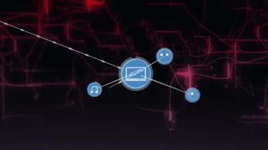 Siyah arkaplan üzerinde aygıt ve müzik simgeleriyle bağlantı ağının animasyonu. Dijital olarak oluşturulmuş küresel bağlantılar, hesaplama ve veri işleme kavramı.