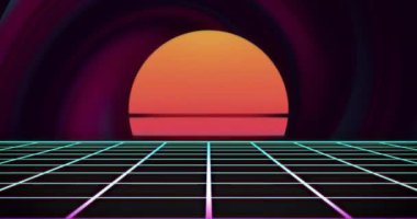 Neon renkleri ve koyu arkaplan ile ızgara animasyonu üzerinde gün batımını yeniden canlandırın. Siber uzay, fütüristik, vintage, synthwave, 80 'ler