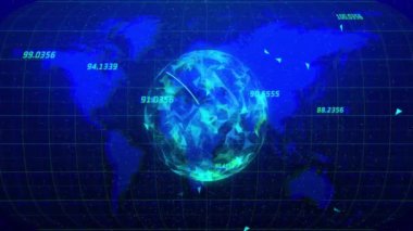 Dünya üzerinde veri işleme animasyonu ve kara arka planda dünya haritası. Küresel teknoloji, bilgisayar ve dijital arayüz kavramı dijital olarak oluşturulmuş video.