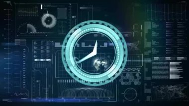 Veri işleme ve diyagramlar üzerinde hareket eden saatin animasyonu. İş, teknoloji ve dijital arayüz kavramı dijital olarak oluşturuldu.
