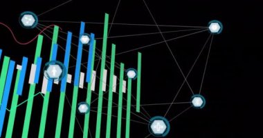Bağlantı ağı üzerinden dijital veri işleme animasyonu. Dijital olarak oluşturulmuş küresel bağlantılar, hesaplama ve veri işleme kavramı.