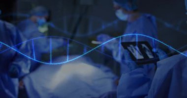 Çeşitli cerrahların üzerindeki DNA iplikçiklerinin animasyonu. Küresel tıp, bağlantılar, hesaplama ve veri işleme kavramı dijital olarak oluşturulmuş video.
